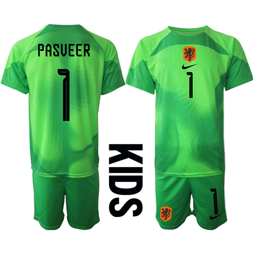 Fotbalové Dres Holandsko Remko Pasveer #1 Brankářské Dětské Domácí MS 2022 Krátký Rukáv (+ trenýrky)